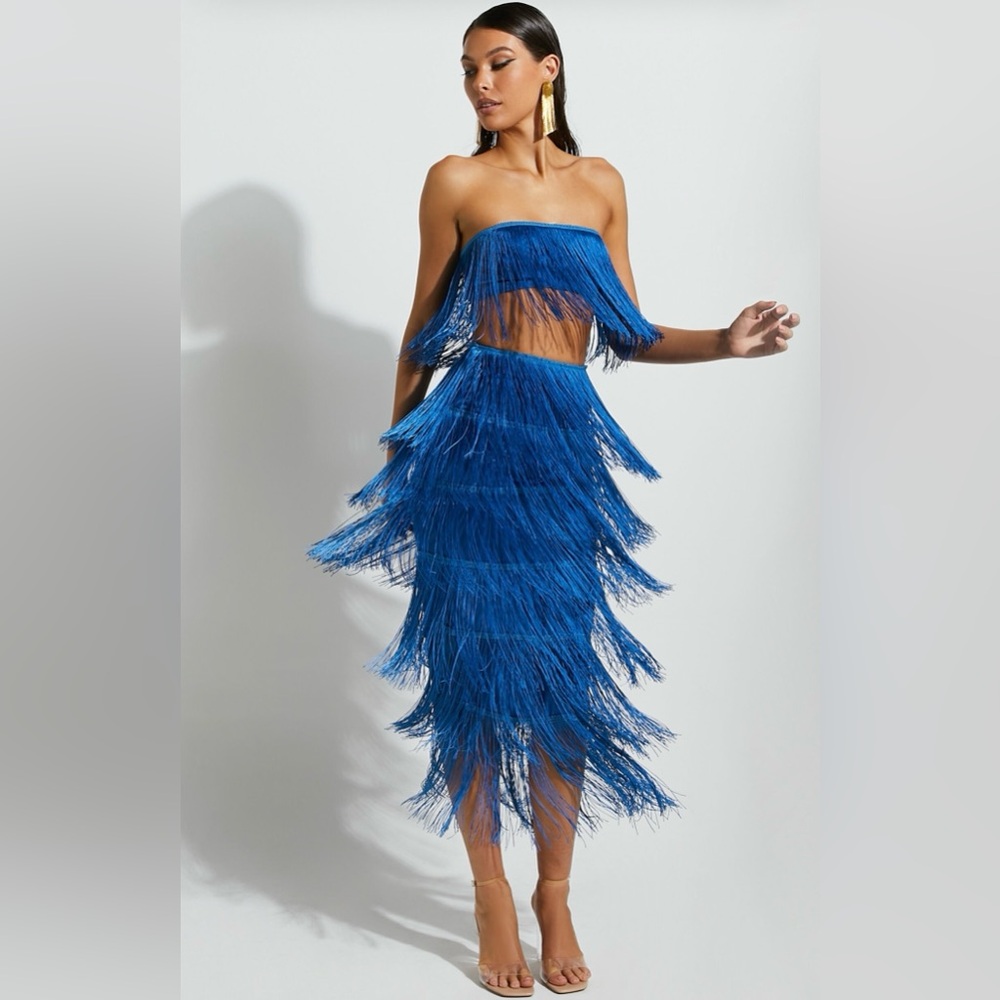 Showpo Blue Fringe Midi Skirt
